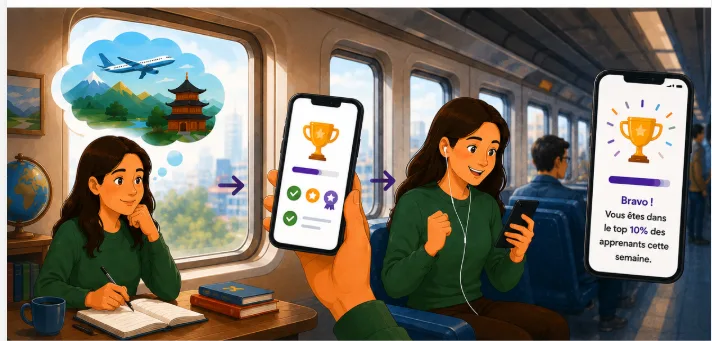 Apprenant·e accumulant des points sur une application de langue