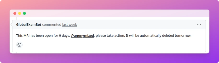 Notification automatique d'un bot indiquant qu'une merge request sera fermée