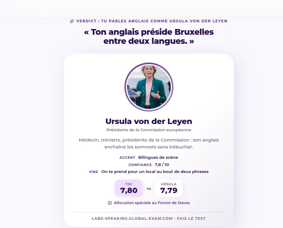Verdict screen of the pronunciation test: your score compared to a celebrity's